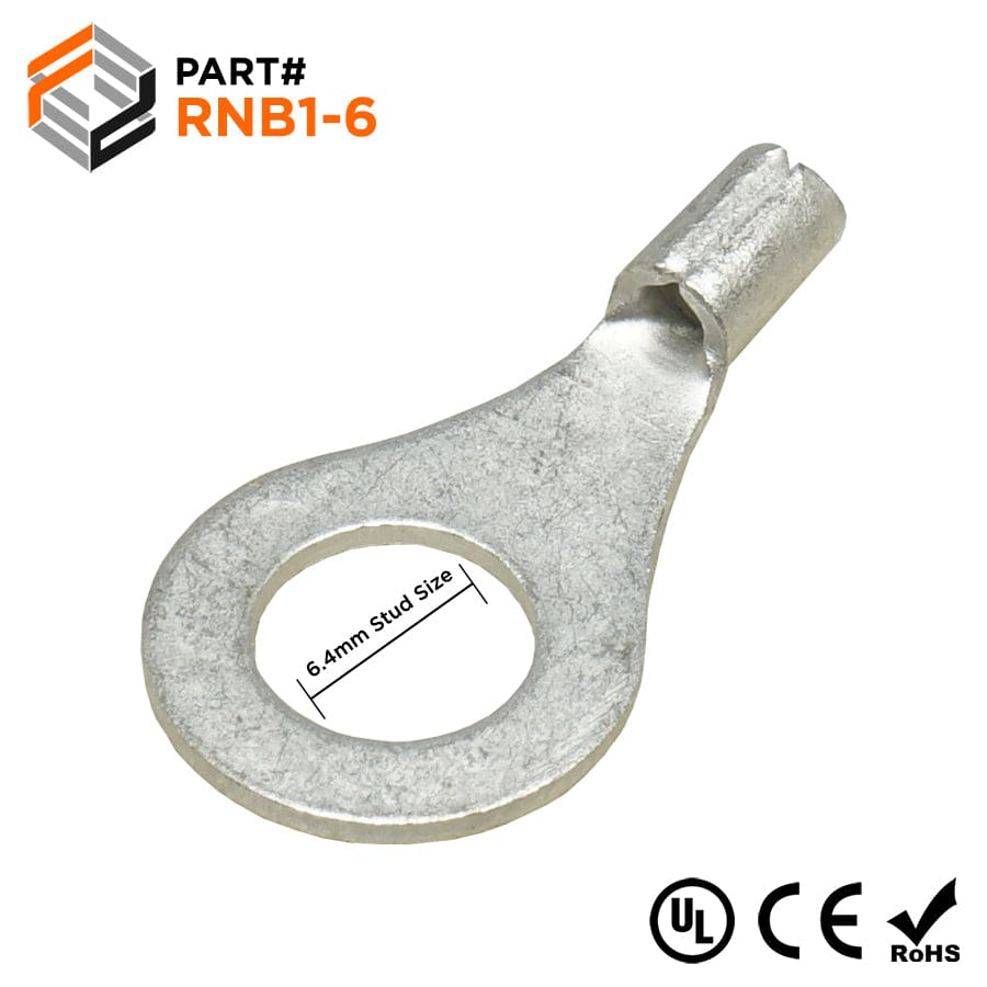 22-16 AWG Non Insulated Ring Terminals, 1/4" Stud, UL Approved, 100 Pieces - RNB1-6