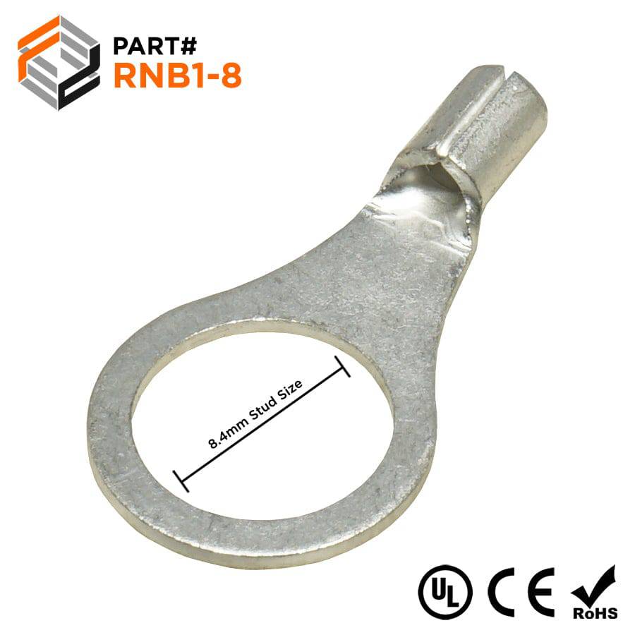 22-16 AWG Non Insulated Ring Terminals, 5/16" Stud, UL Approved, 100 Pieces - RNB1-8