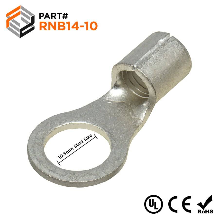 RNB14-10 - 6 AWG Non Insulated Ring Terminals, 3/8" Stud, 25 Pieces