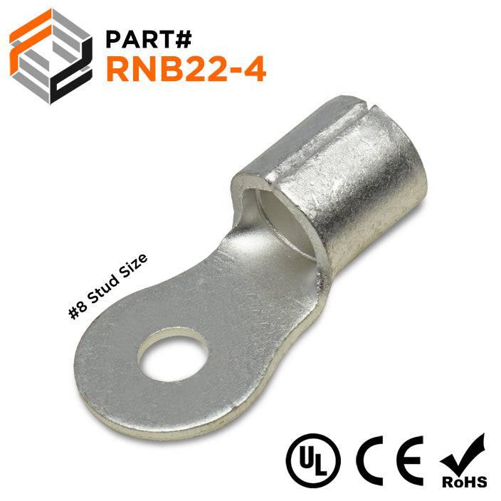4 AWG Non Insulated Ring Terminals, #8 Stud, UL Approved, 25 Pieces - RNB22-4