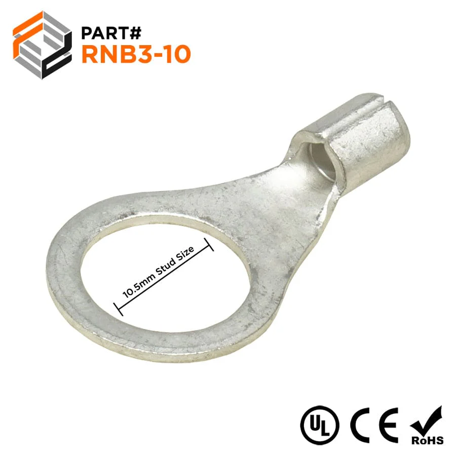 14-12 AWG Non Insulated Ring Terminals, 3/8" Stud, UL Approved, 100 Pieces - RNB3-10