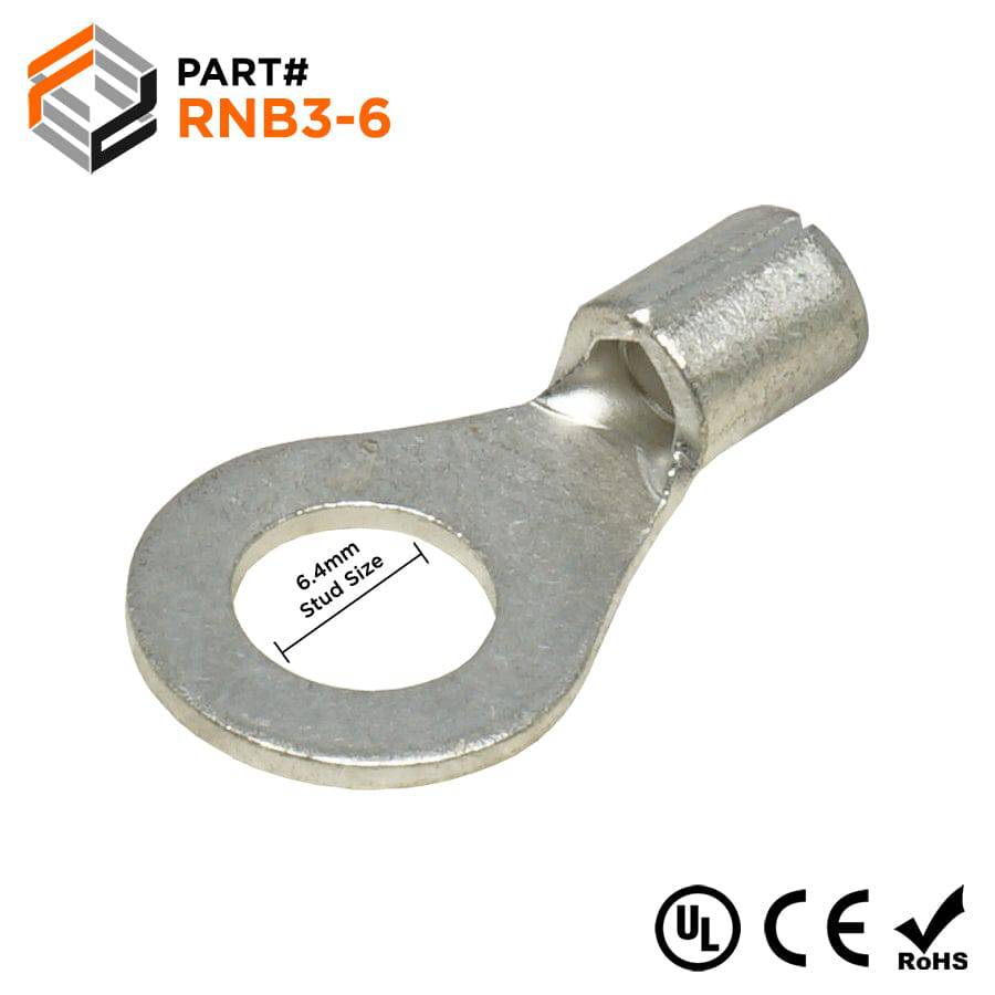 14-12 AWG Non Insulated Ring Terminals, 1/4" Stud, UL Approved, 100 Pieces - RNB3-6
