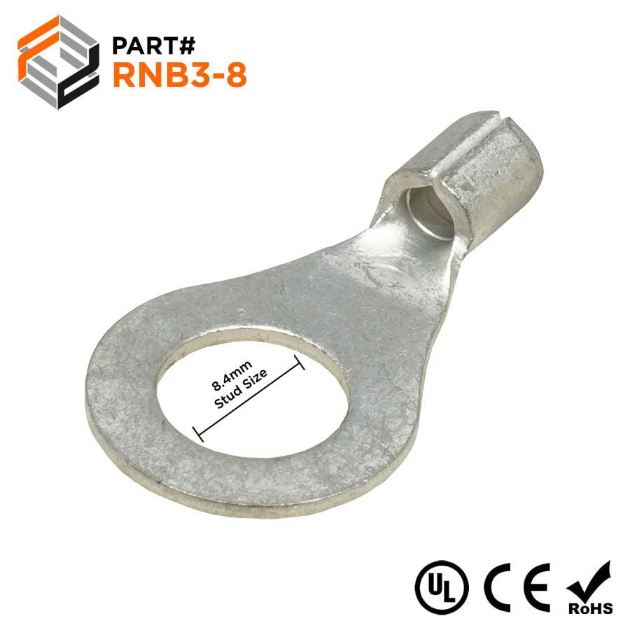 14-12 AWG Non Insulated Ring Terminals, 5/16" Stud, UL Approved, 100 Pieces - RNB3-8