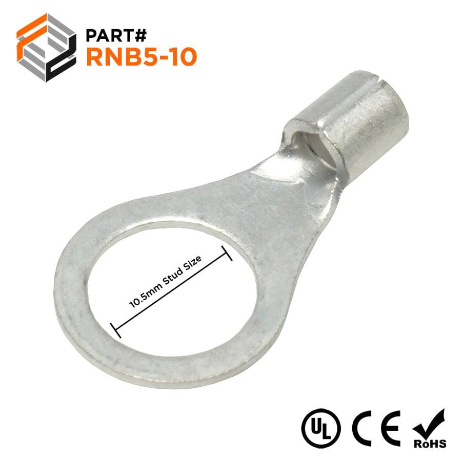 RNB5-10 - 12 to 10 AWG Non Insulated Ring Terminals, 3/8" Stud, UL Approved, 100 Pieces