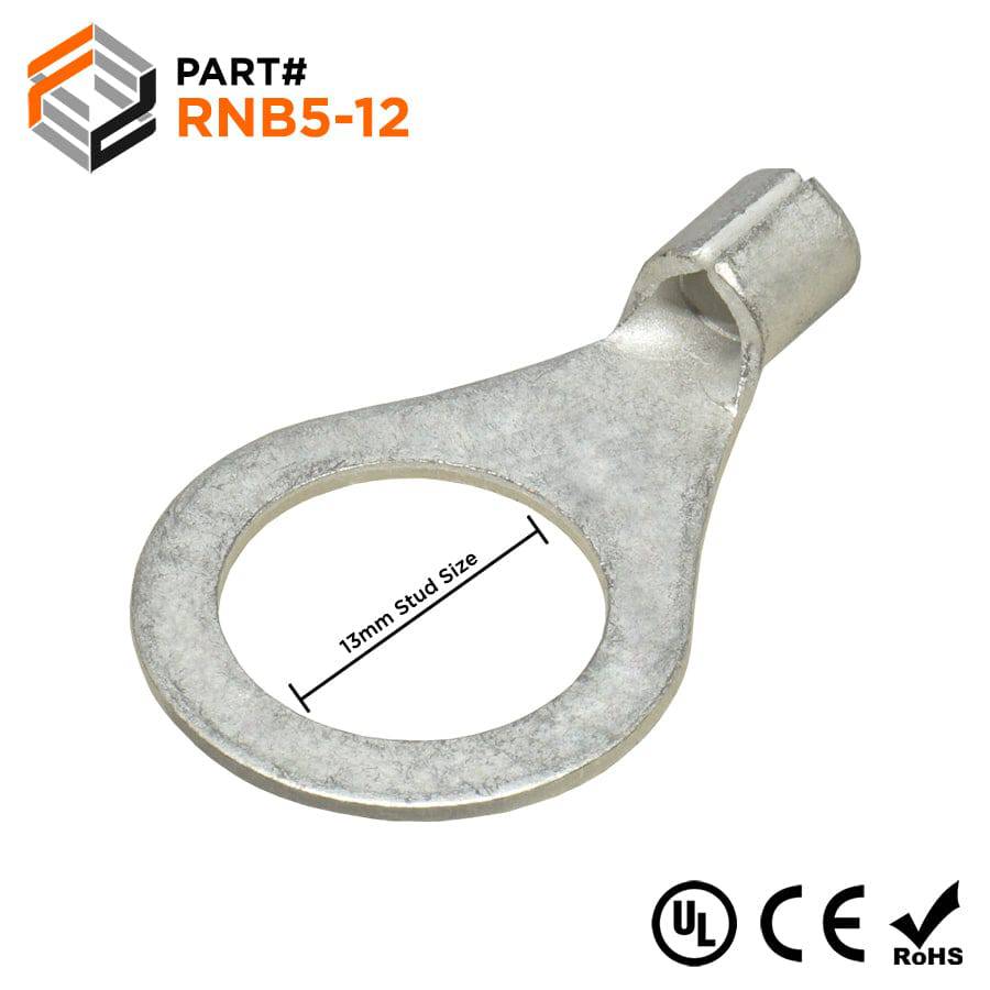 RNB5-12 - 12 to 10 AWG Non Insulated Ring Terminals, 1/2" Stud, UL Approved, 100 Pieces