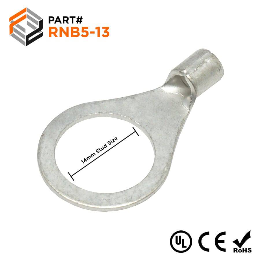 12-10 AWG Non Insulated Ring Terminals, 1/2" Stud, UL Approved, 50 Pieces - RNB5-13