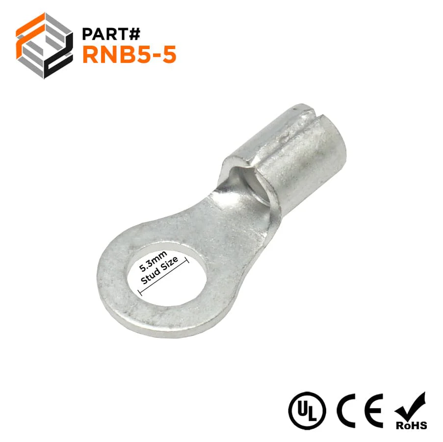 RNB5-5 - 12 to 10 AWG Non Insulated Ring Terminals, #10 Stud, UL Approved, 100 Pieces