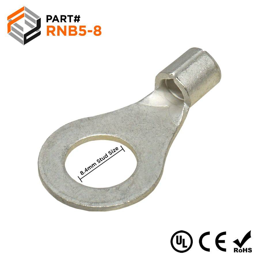 RNB5-8 - 12 to 10 AWG Non Insulated Ring Terminals, 5/16" Stud, UL Approved, 100 Pieces
