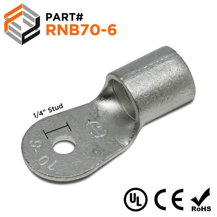 2/0 AWG Non Insulated Ring Terminals, 1/4" Stud, UL Approved, 10 Pieces - RNB70-6