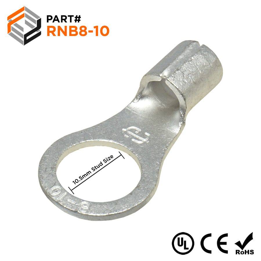 RNB8-10 - 8 AWG Non Insulated Ring Terminals, 3/8" Stud, UL Approved, 25 Pieces