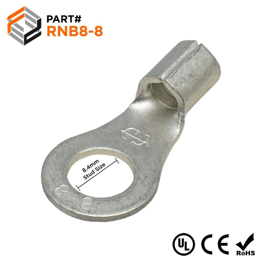 RNB8-8 - 8 AWG Non Insulated Ring Terminals, 5/16" Stud, UL Approved, 25 Pieces
