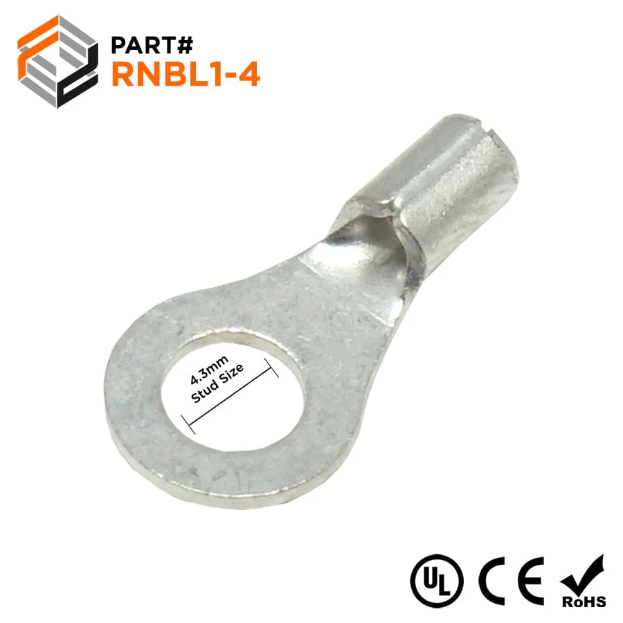 RNBL1-4 - 22 to 16 AWG Non Insulated Ring Terminals, #8 Stud, UL Approved, 100 Pieces