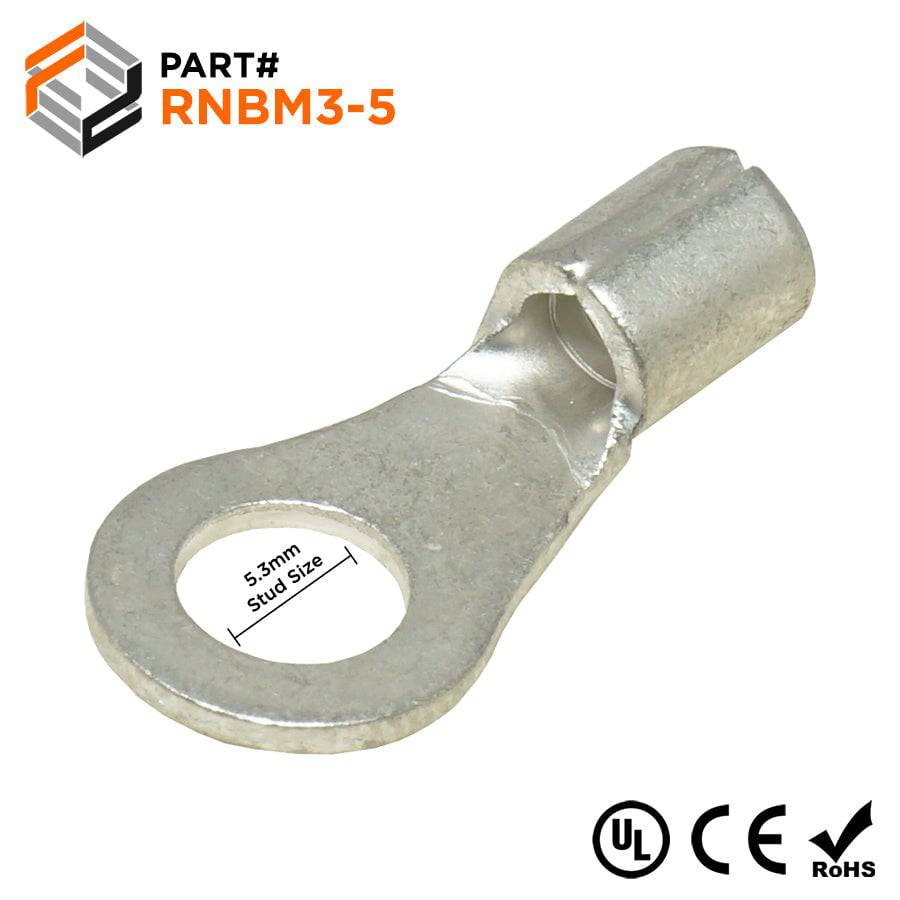 14-12 AWG Non Insulated Ring Terminals, #10 Stud, UL Approved, 100 Pieces - RNBM3-5