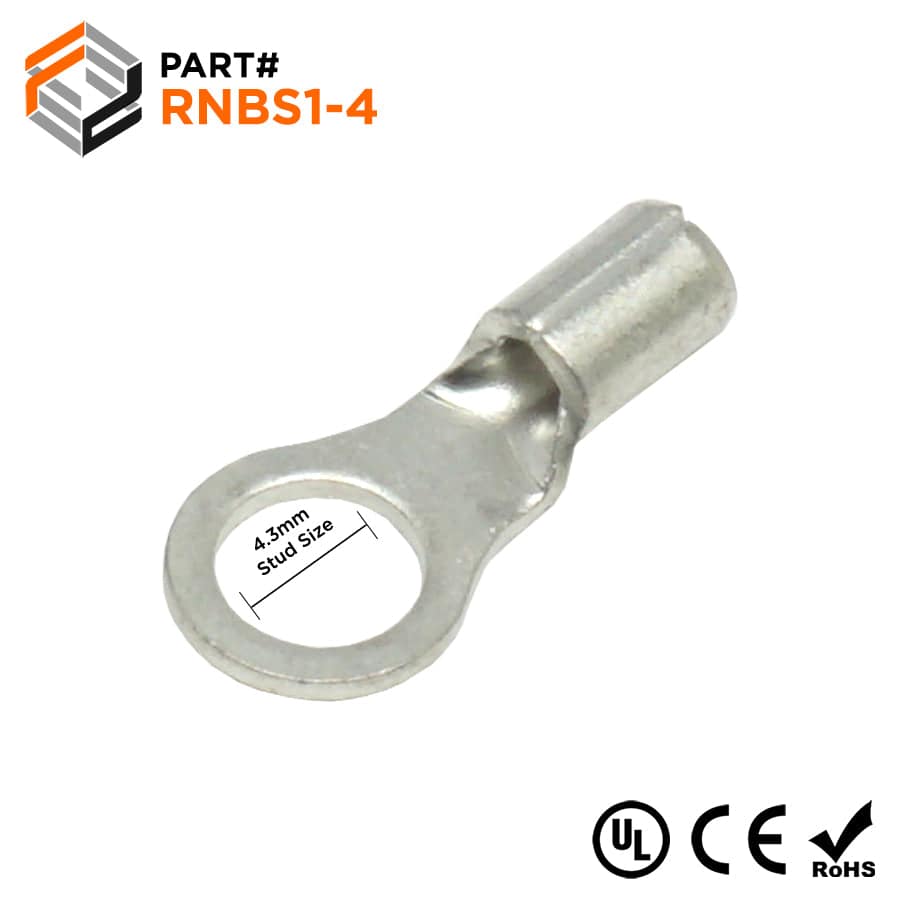 RNBS1-4 - 22 to 16 AWG Non Insulated Ring Terminals, #8 Stud, UL Approved, 100 Pieces