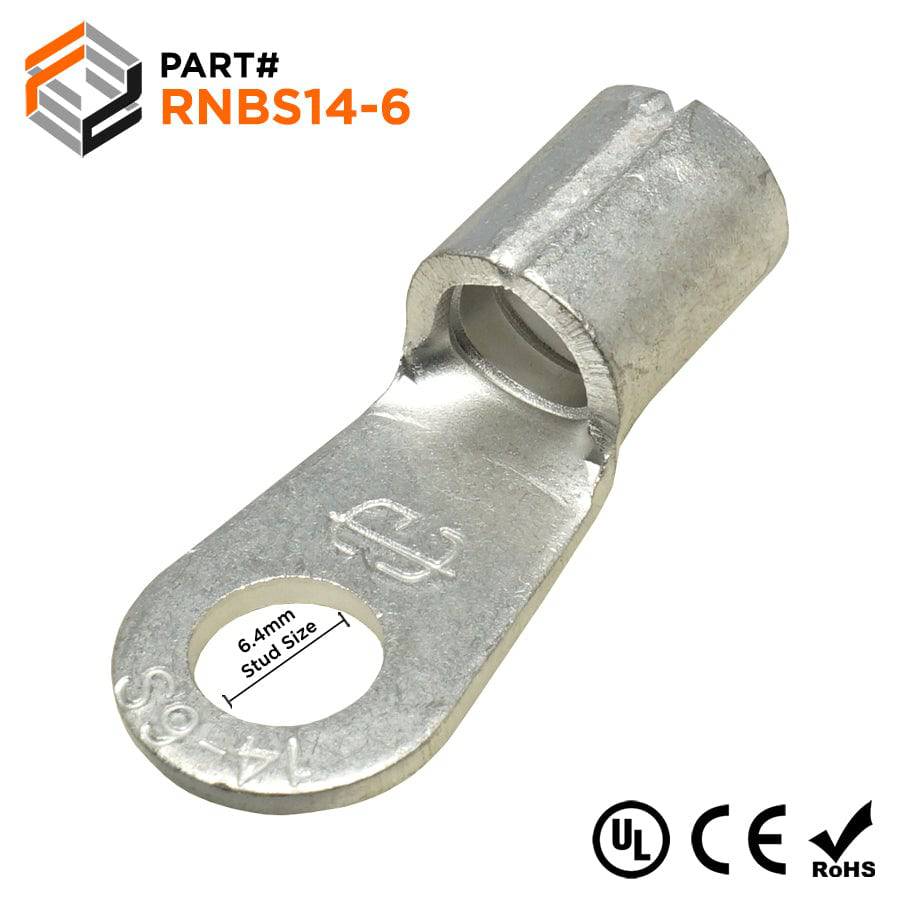 RNBS14-6 - 6 AWG Non Insulated Ring Terminals, 1/4" Stud, UL Approved, 25 Pieces