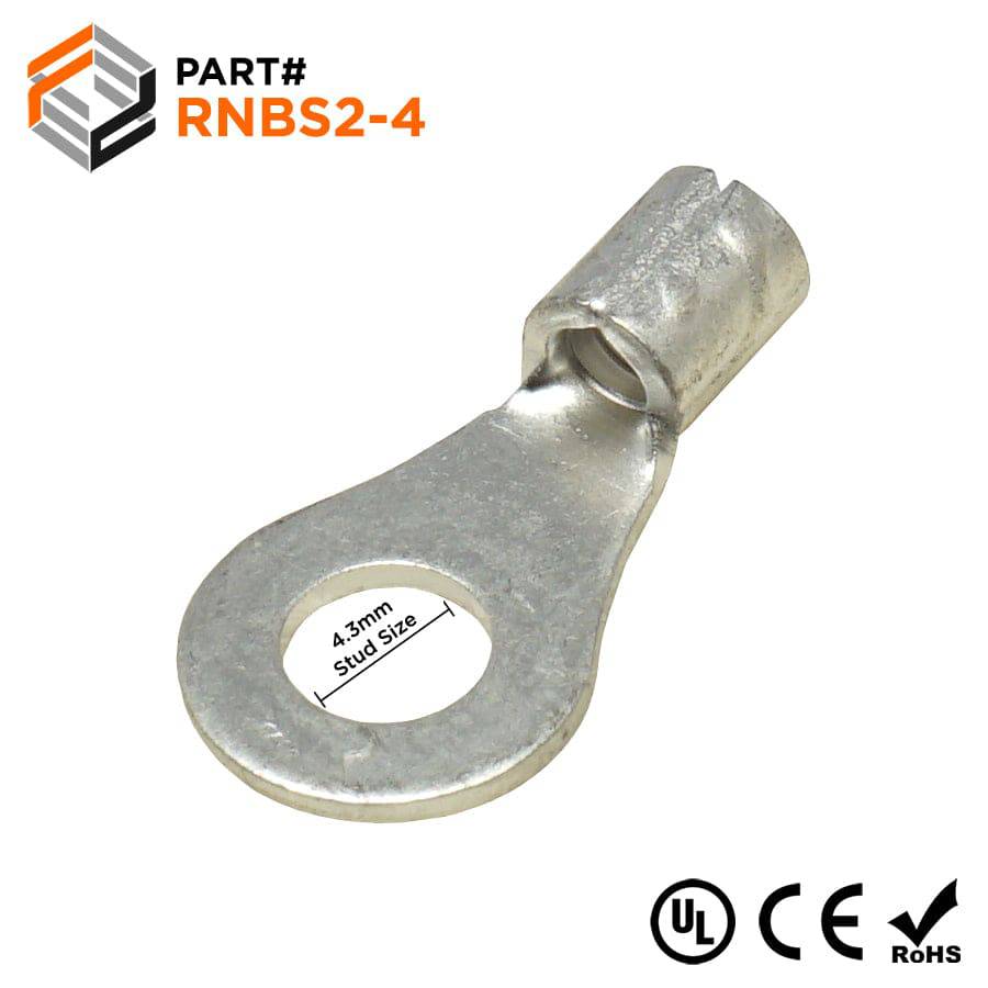 RNBS2-4 - 16 to 14 AWG Non Insulated Ring Terminals, #8 Stud, UL Approved, 100 Pieces