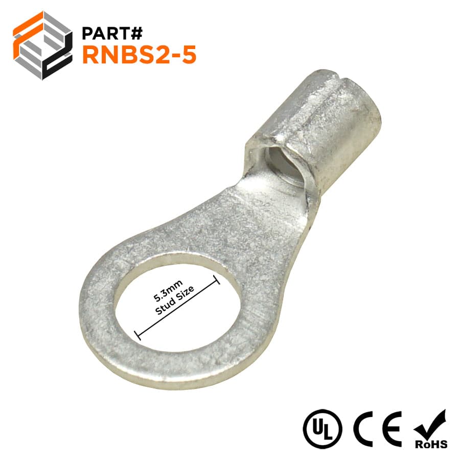 RNBS2-5 - 16 to 14 AWG Non Insulated Ring Terminals, #10 Stud, UL Approved, 100 Pieces