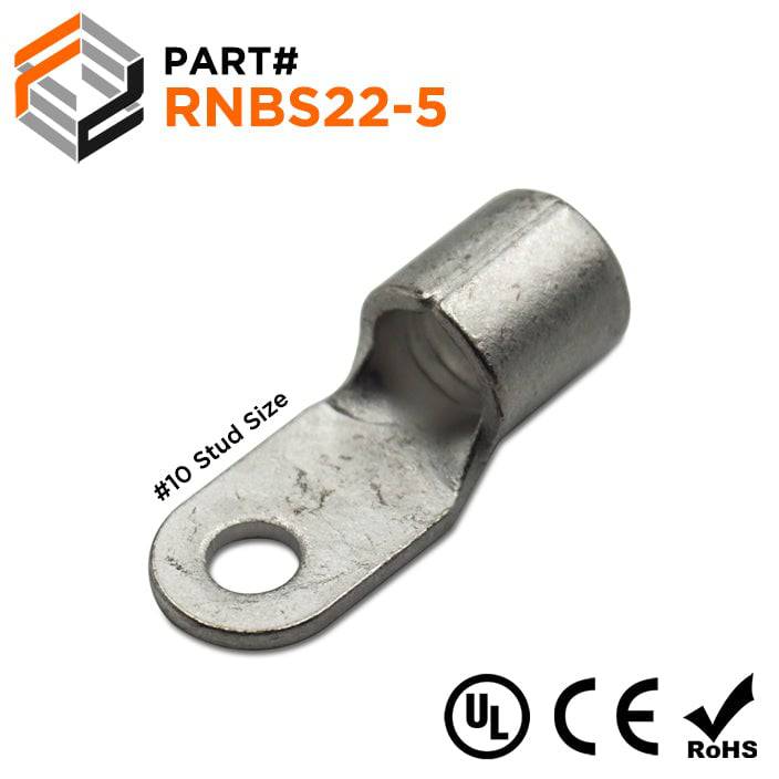 4 AWG Non Insulated Ring Terminals, #10 Stud, UL Approved, 25 Pieces - RNBS22-5
