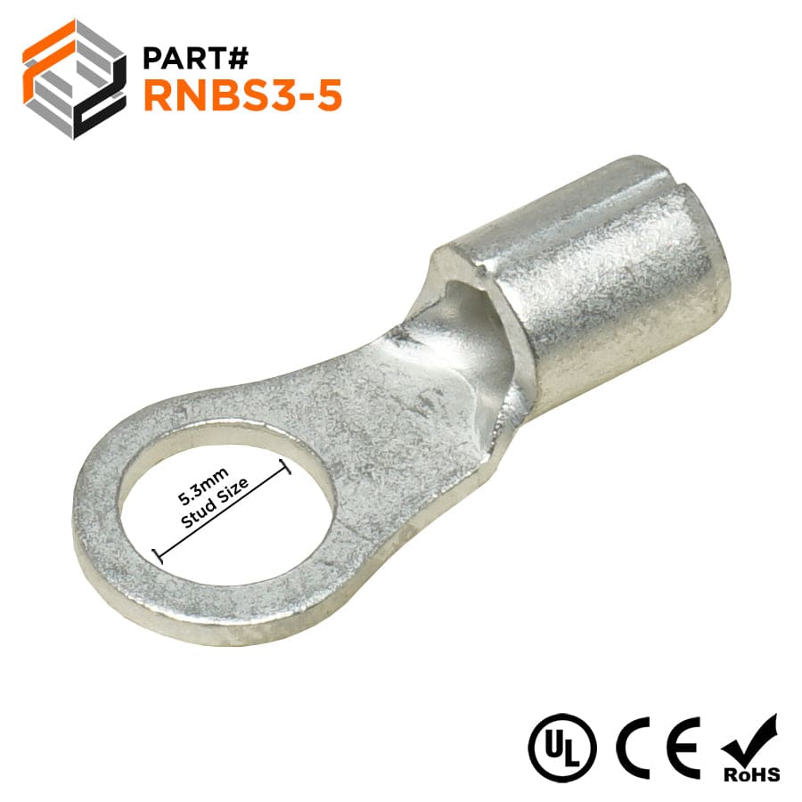 14-12 AWG Non Insulated Ring Terminals, #10 Stud, UL Approved, 100 Pieces - RNBS3-5