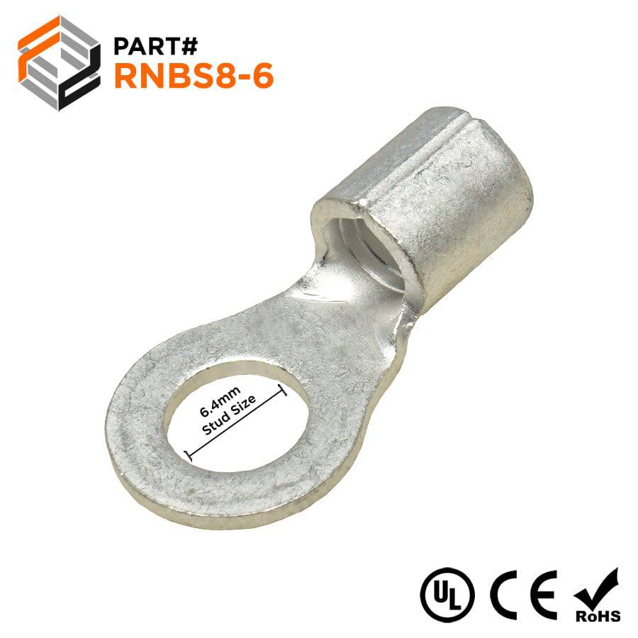 RNBS8-6 - 8 AWG Non Insulated Ring Terminals, 1/4" Stud, UL Approved, 25 Pieces