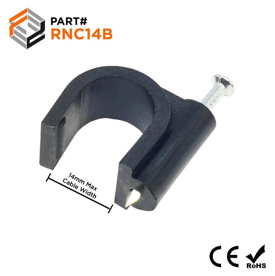 Nail In Cable Clips, Ethernet Cable Nails Tacks, Round, 14mm, 0.55", Black, 100 Pieces - RNC14B
