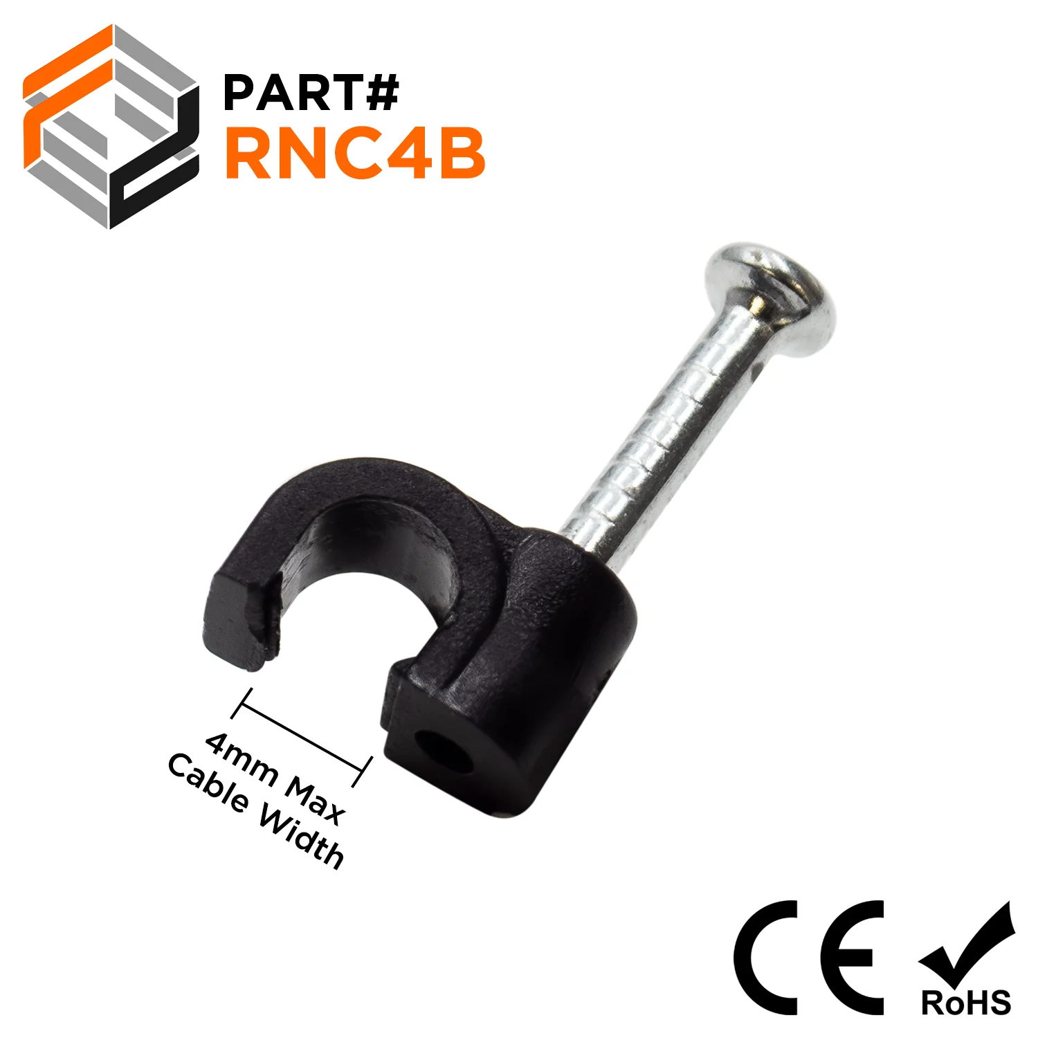 RNC4B - Nail In Cable Clips, Cable Nails Tacks, Round, 4mm, 0.16", Black, 100 Pieces