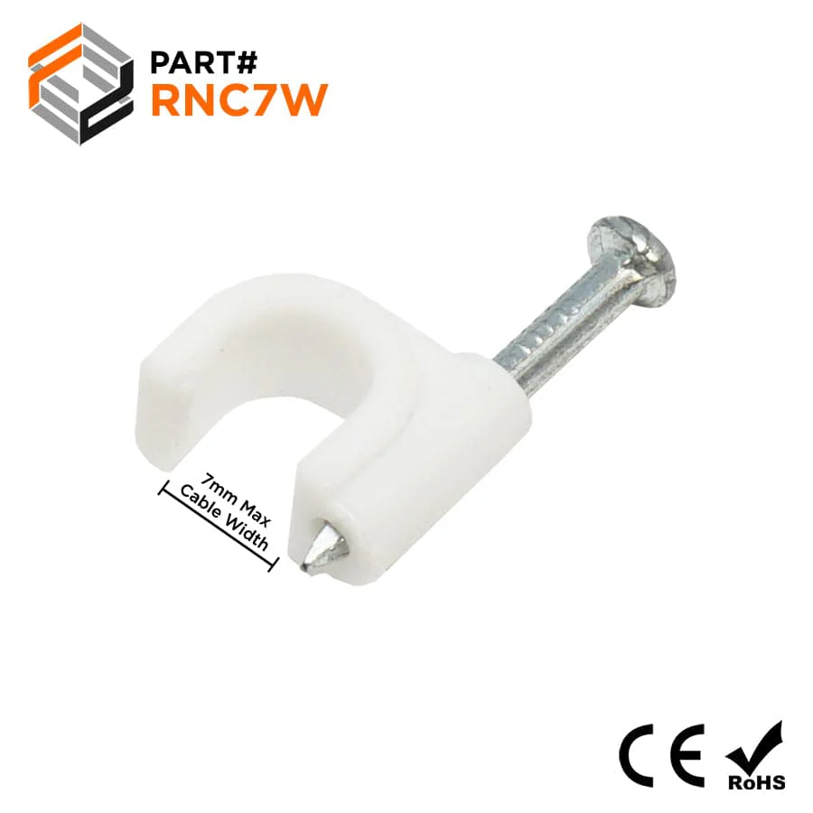 Nail In Cable Clips, Ethernet Cable Nails Tacks, Round, 7mm, 0.27", White, 100 Pieces - RNC7W