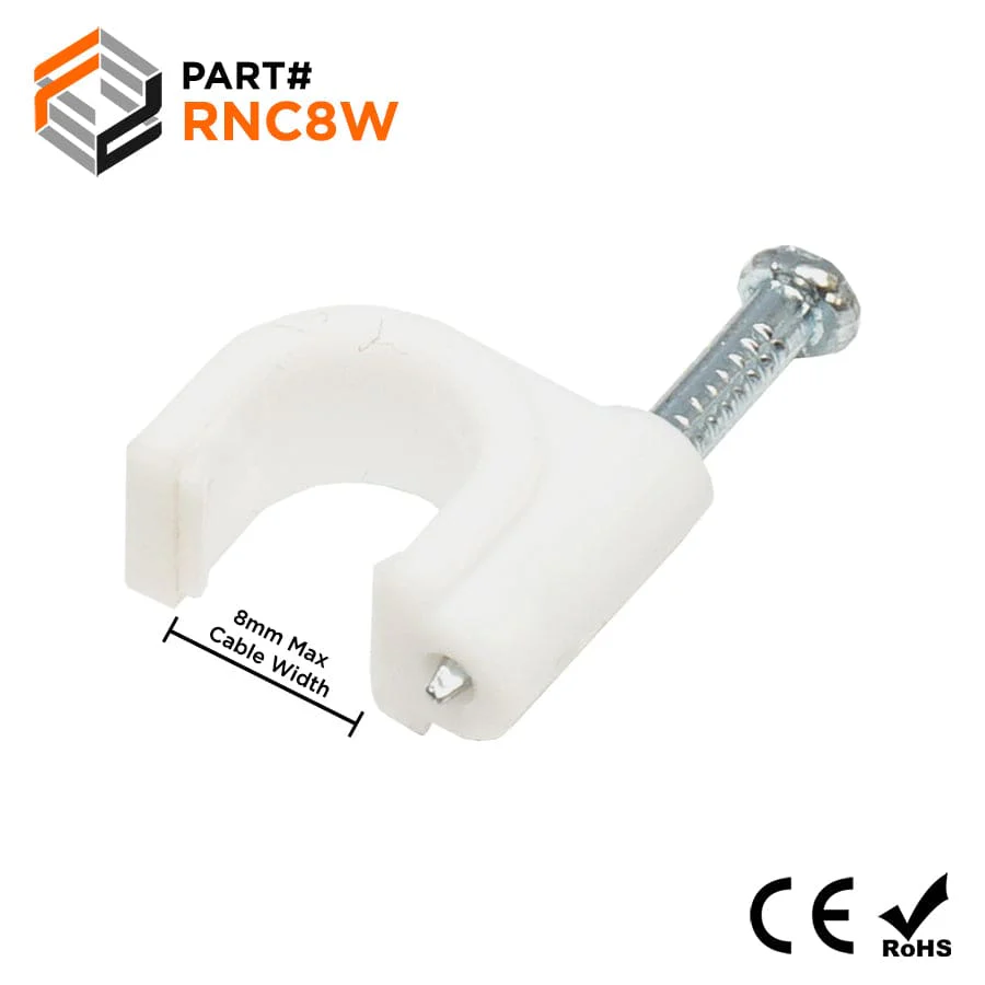 Nail In Cable Clips, Ethernet Cable Nails Tacks, Round, 8mm, 0.31", White, 100 Pieces - RNC8W
