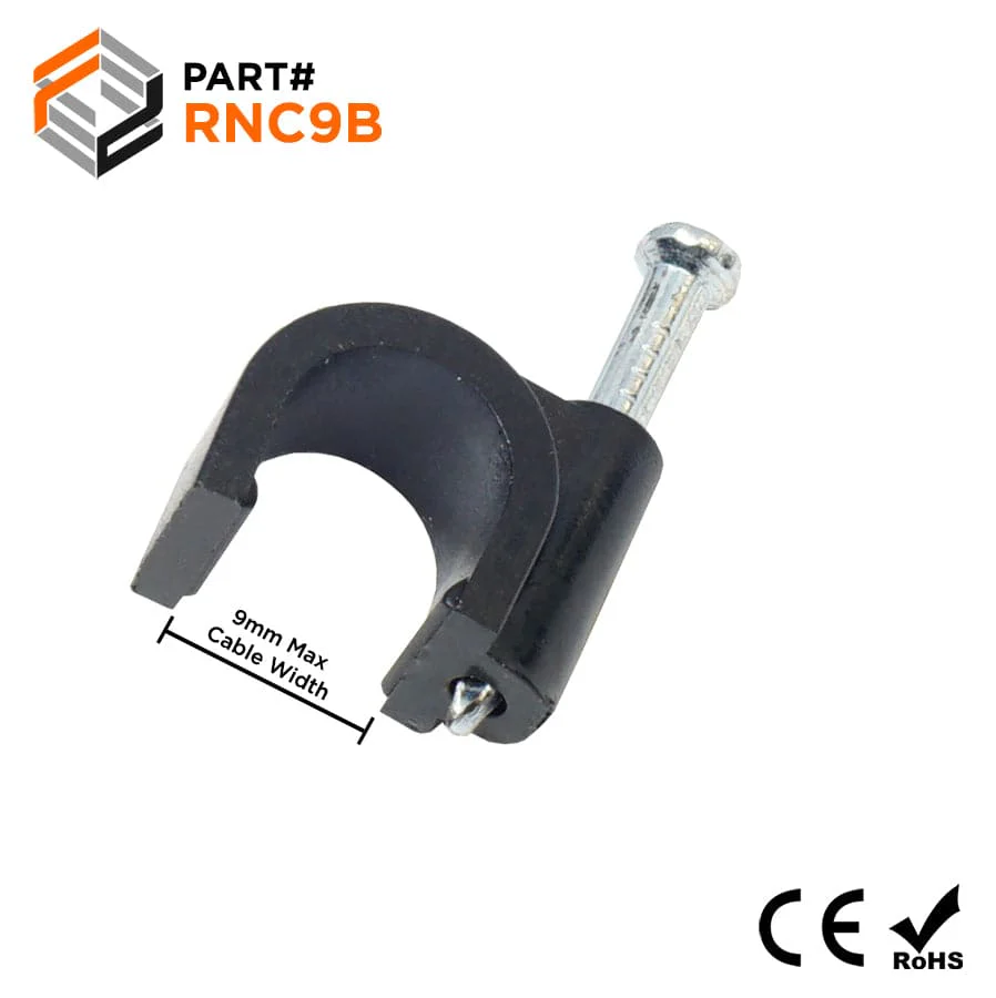 Nail In Cable Clips, Ethernet Cable Nails Tacks, Round, 9mm, 0.35", Black, 100 Pieces - RNC9B