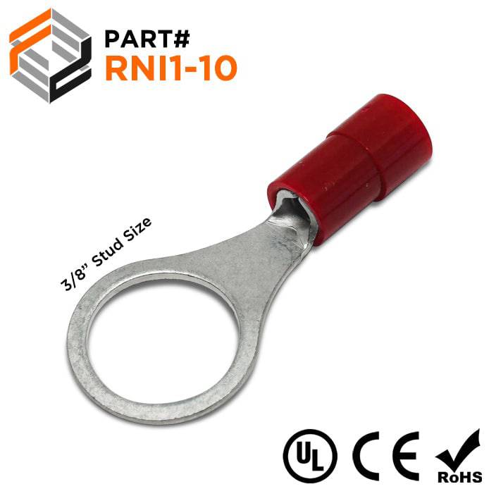 RNI1-10 - 22 to 16 AWG Polycarbonate Ring Terminals, 3/8" Stud, 100 Pieces