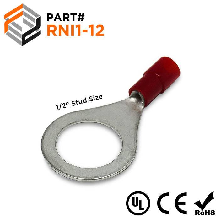 RNI1-12 - 22 to 16 AWG Polycarbonate Ring Terminals, 1/2" Stud, 100 Pieces