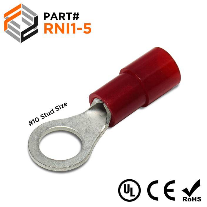 RNI1-5 - 22 to 16 AWG Polycarbonate Ring Terminals, #10 Stud, 100 Pieces