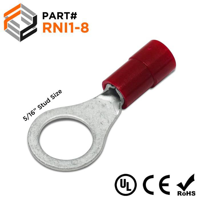 RNI1-8 - 22 to 16 AWG Polycarbonate Ring Terminals, 5/16" Stud, 100 Pieces