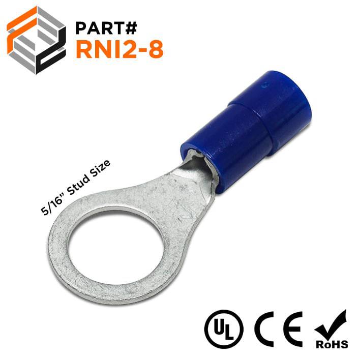 RNI2-8 - 16 to 14 AWG Polycarbonate Ring Terminals, 5/16" Stud, 100 Pieces