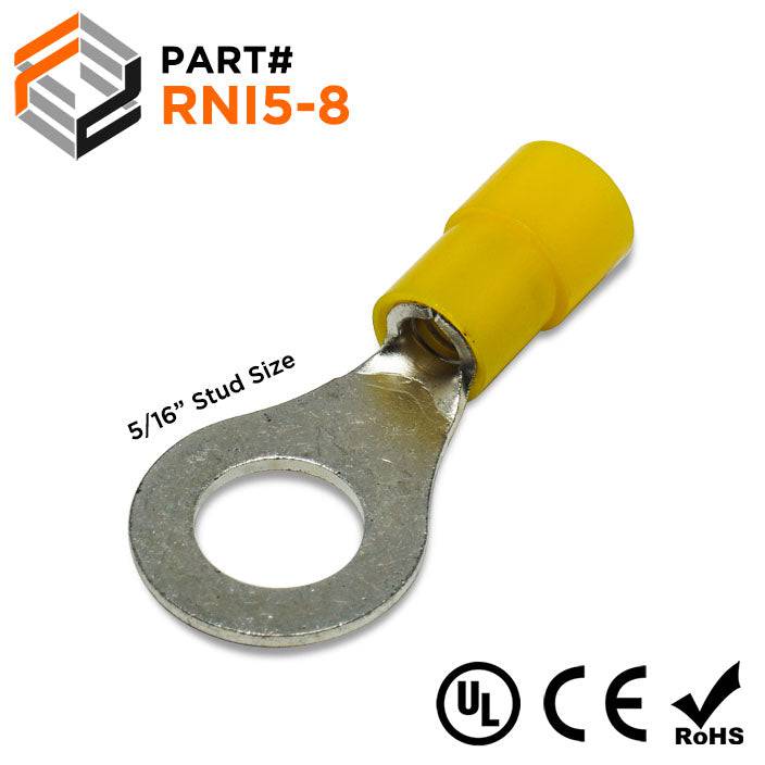 RNI5-8 - 12 to 10 AWG Polycarbonate Ring Terminals, 5/16" Stud, 100 Pieces