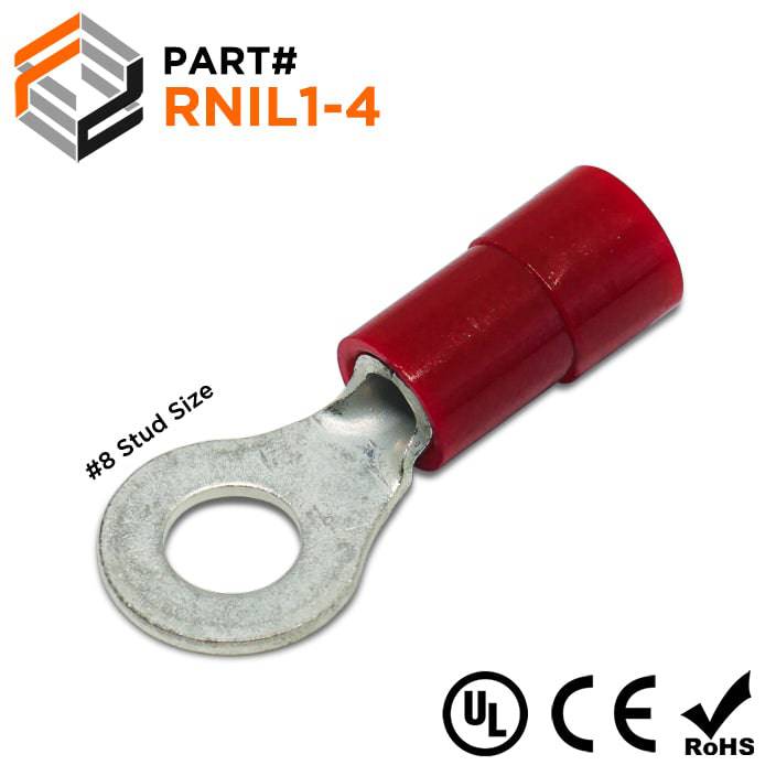 RNIL1-4 - 22 to 16 AWG Polycarbonate Ring Terminals, #8 Stud, 100 Pieces