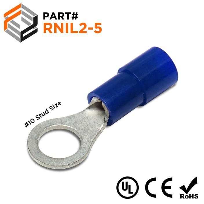 RNIL2-5 - 16 to 14 AWG Polycarbonate Ring Terminals, #10 Stud, 100 Pieces