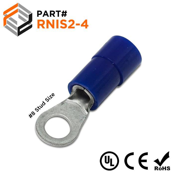 RNIS2-4 - 16 to 14 AWG Polycarbonate Ring Terminals, #8 Stud, 100 Pieces
