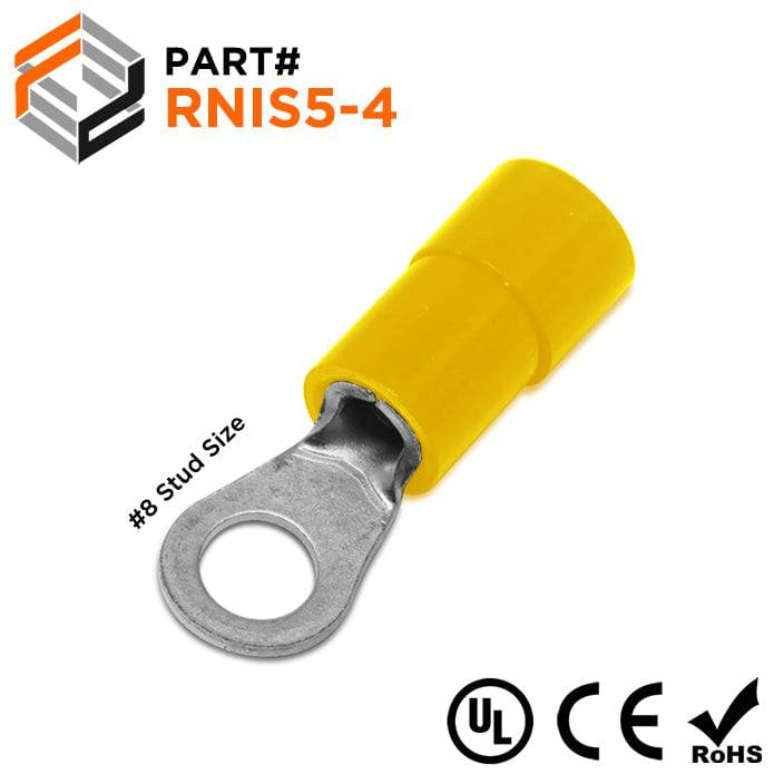 RNIS5-4 - 12 to 10 AWG Polycarbonate Ring Terminals, #8 Stud, 100 Pieces