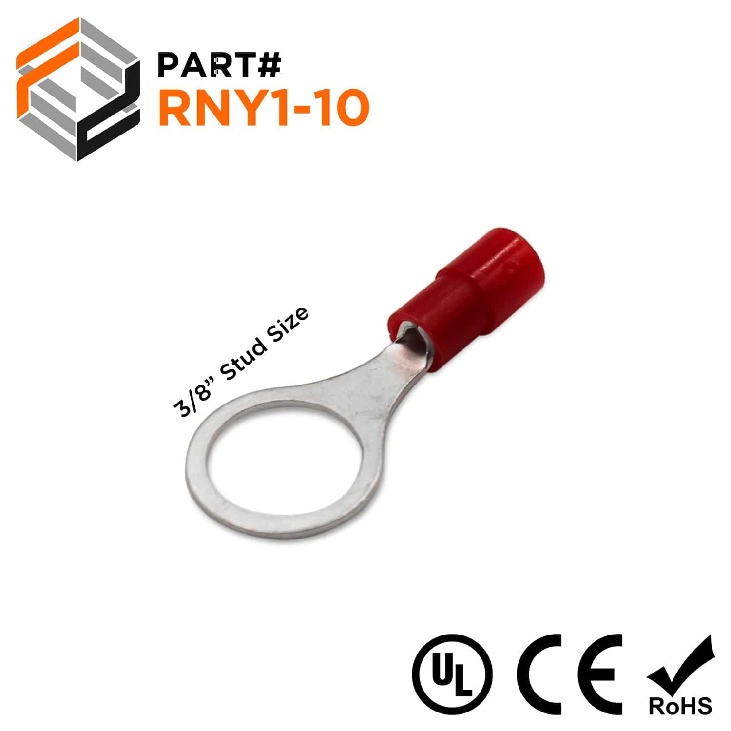 22-16 AWG Nylon Insulated Ring Terminals, 3/8" Stud, Butted Seam, 100 Pieces - RNY1-10