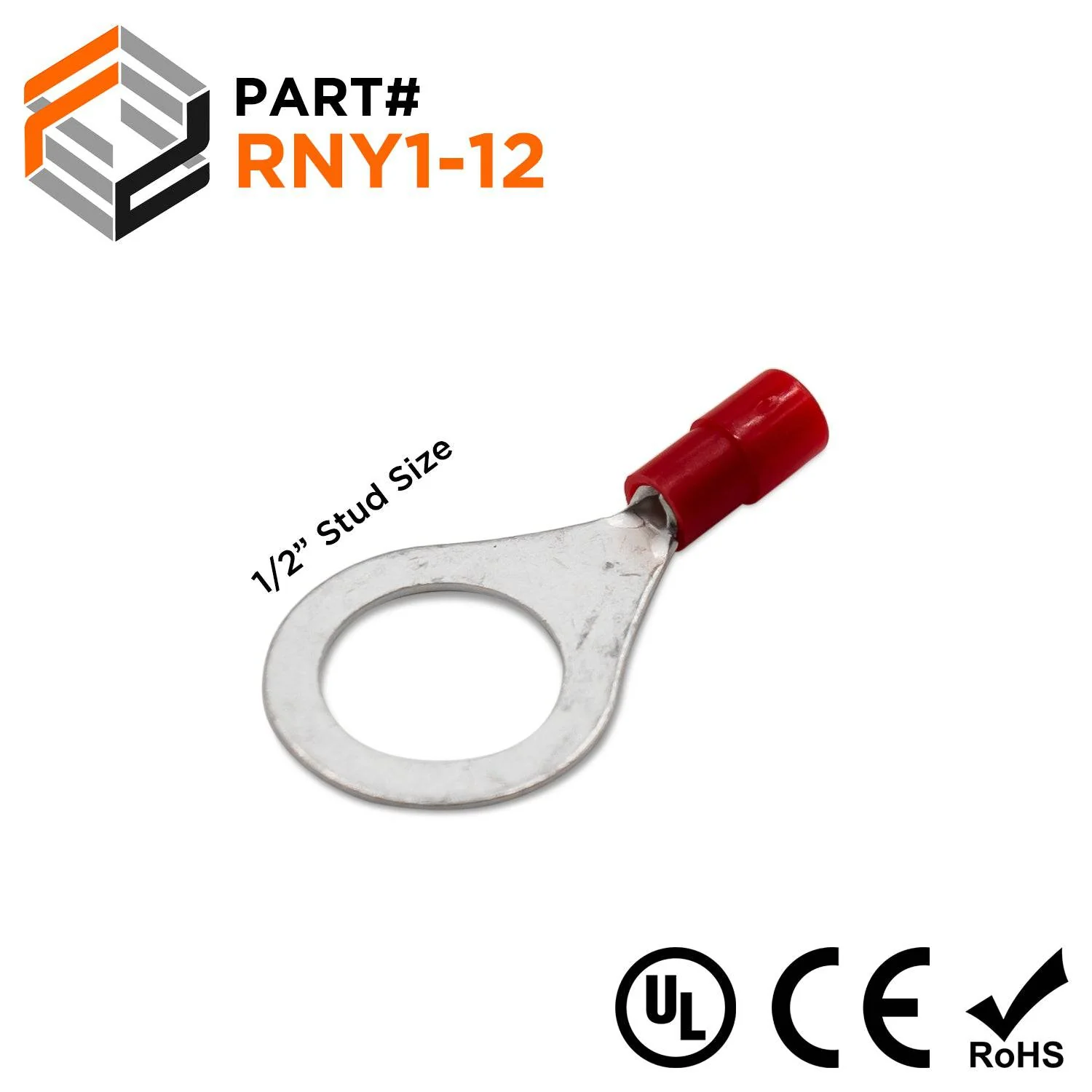 22-16 AWG Nylon Insulated Ring Terminals, 1/2" Stud, Butted Seam, 100 Pieces - RNY1-12