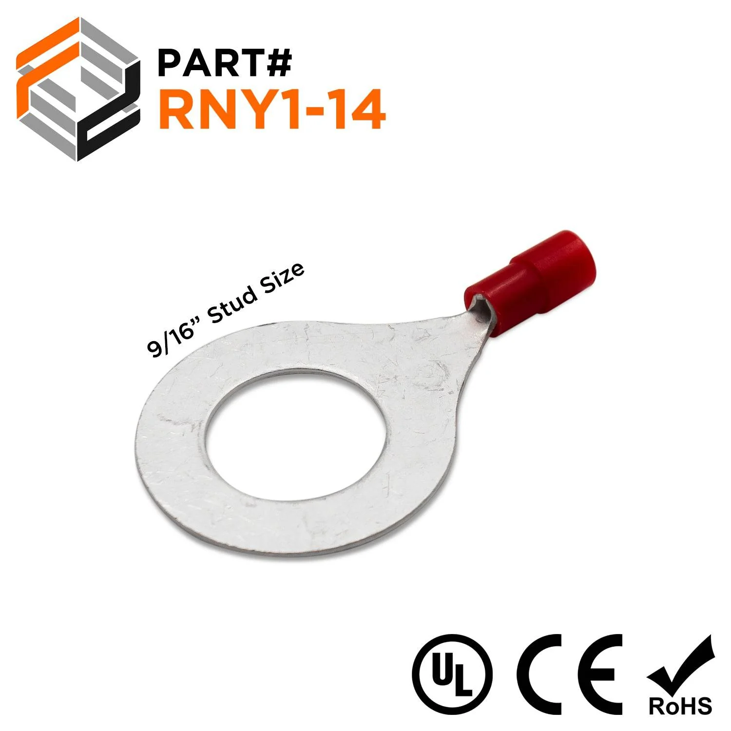 22-16 AWG Nylon Insulated Ring Terminals, 9/16" Stud, Butted Seam, 50 Pieces - RNY1-14
