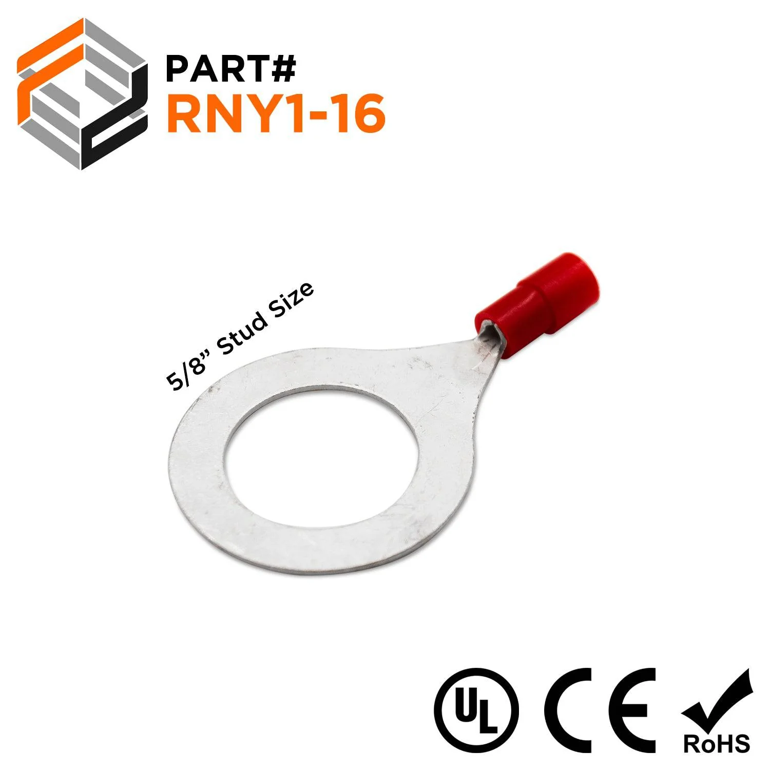 22-16 AWG Nylon Insulated Ring Terminals, 5/8" Stud, Butted Seam, 50 Pieces - RNY1-16