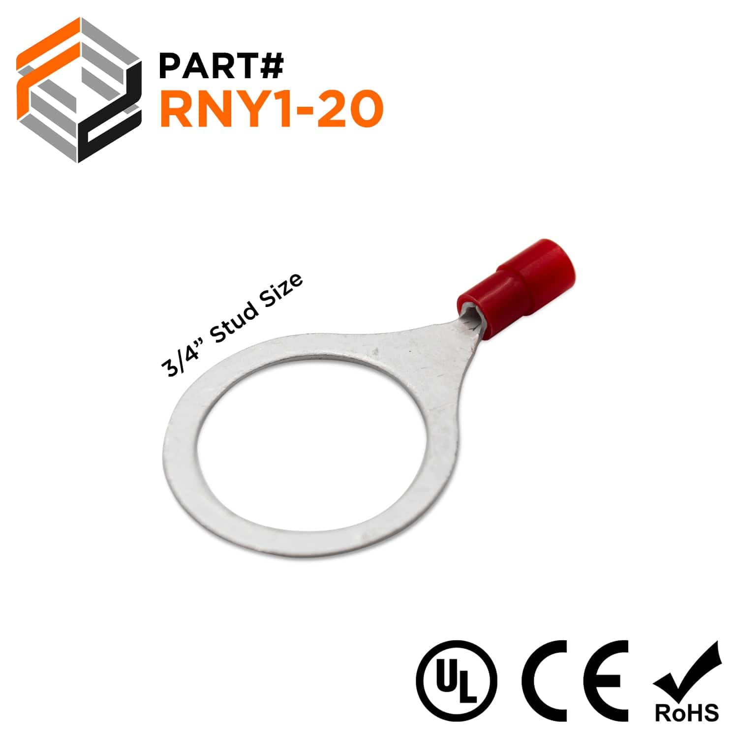 22-16 AWG Nylon Insulated Ring Terminals, 3/4" Stud, Butted Seam, 50 Pieces - RNY1-20