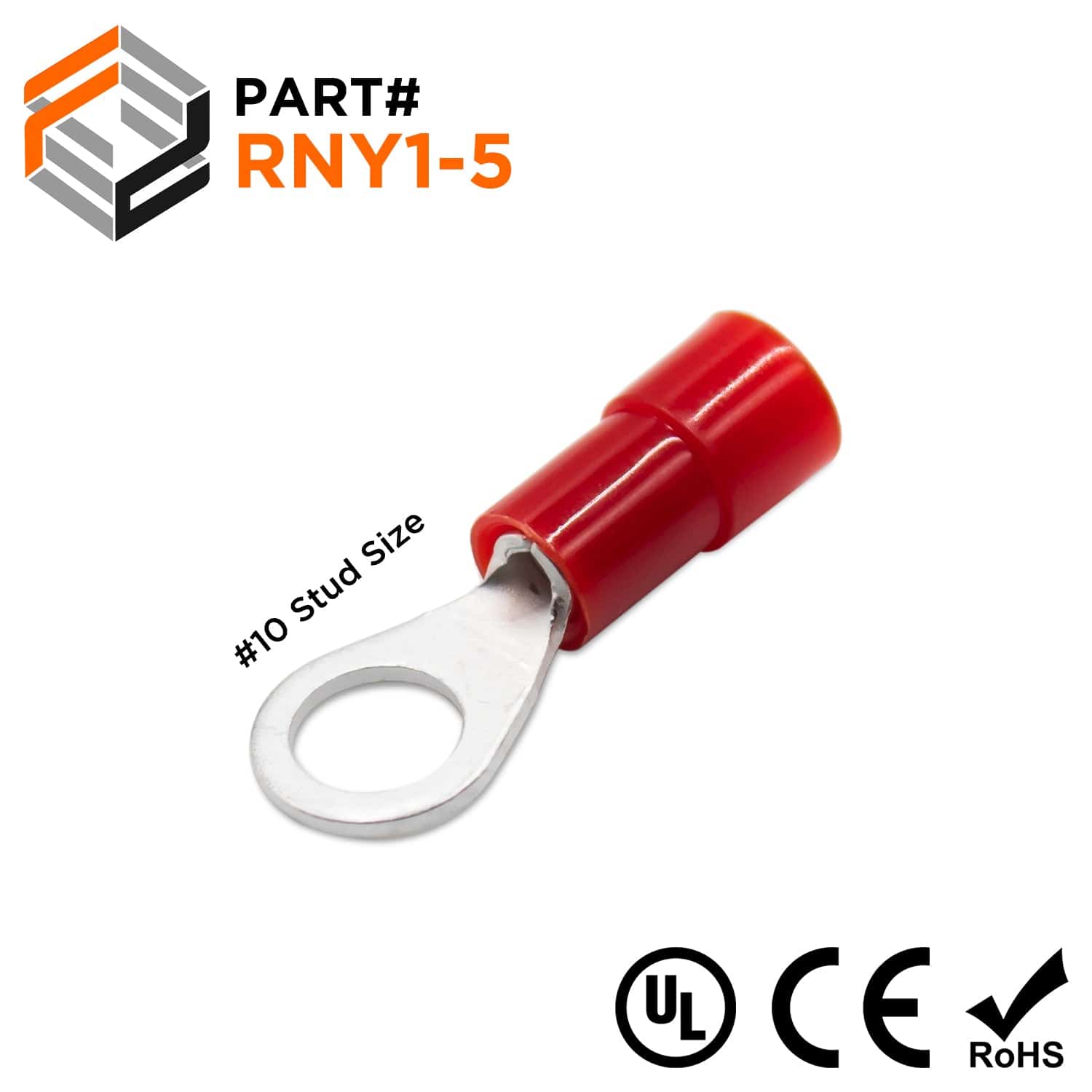 22-16 AWG Nylon Insulated Ring Terminals, #10 Stud, Butted Seam, 100 Pieces - RNY1-5