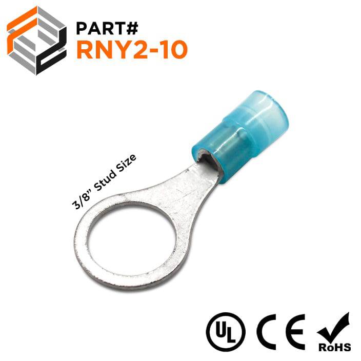 16-14 AWG Nylon Insulated Ring Terminals, 3/8" Stud, Butted Seam, 100 Pieces - RNY2-10