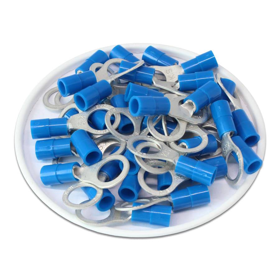 RNY2-8 - 16 to 14 AWG Nylon Insulated Ring Terminals, 5/16" Stud, Blue, 100 Pieces