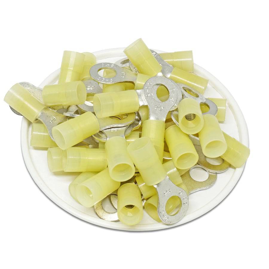 12-10 AWG Nylon Insulated Ring Terminals, 1/4" Stud, Butted Seam, 50 Pieces - RNY5-6