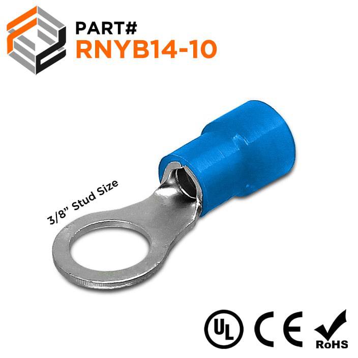 RNYB14-10 - 6AWG Nylon Insulated Ring Terminals, 3/8" Stud, 10 Pieces