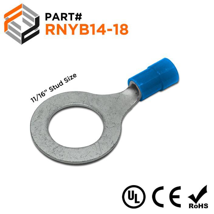 RNYB14-18 - 6 AWG Nylon Insulated Ring Terminals, 11/16" Stud, 10 Pieces